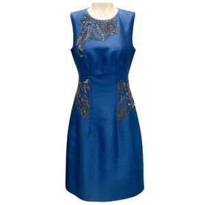 LELA ROSE BLUE EMBELLISHED SLEEVELESS COCKTAIL DRESS
